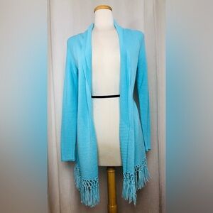 LILLY PULITZER Tatum Cardigan Sweater Open Long Fringe Hem Aqua Blue Med Cotton